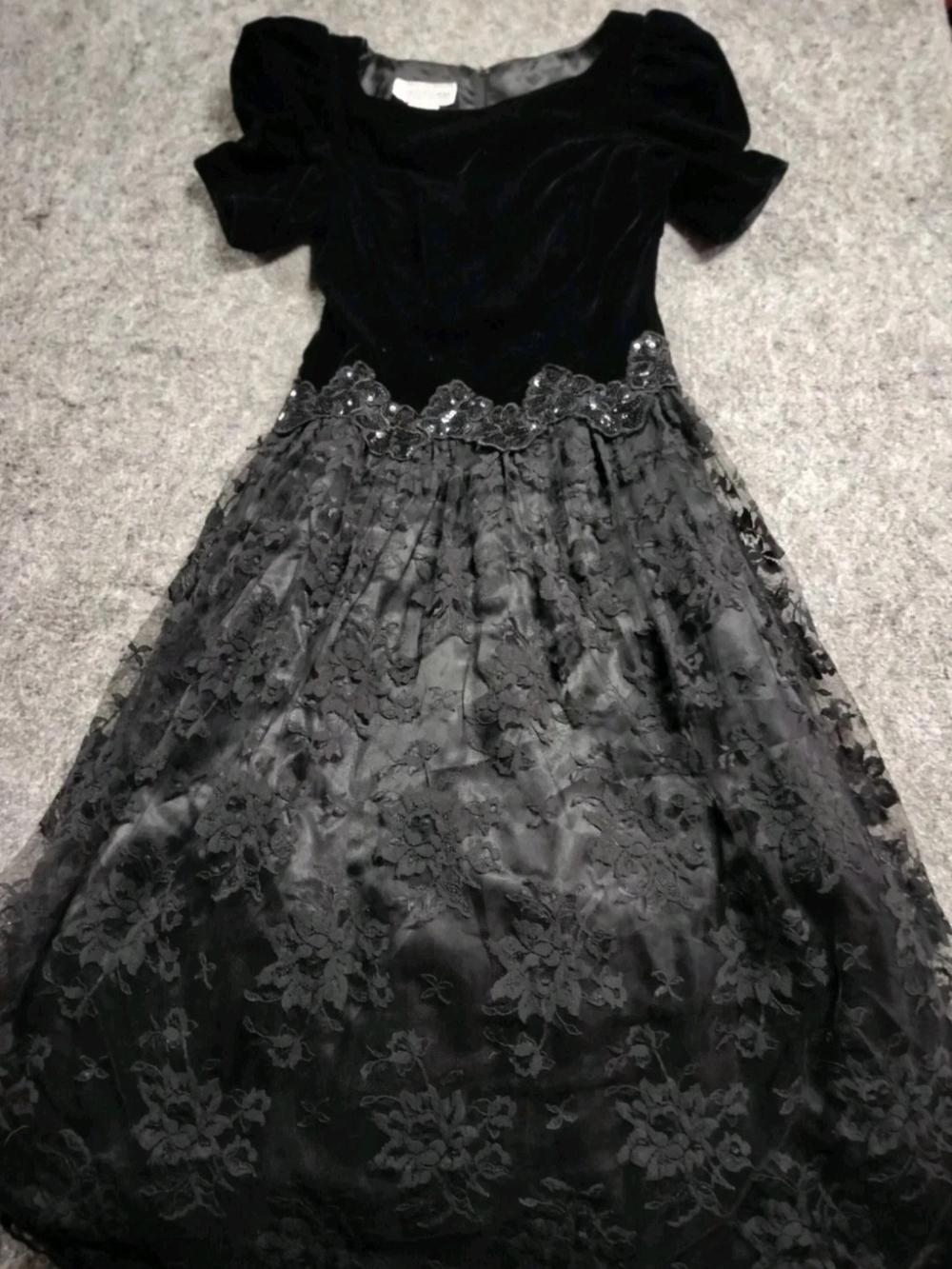 Vintage Scott McClintock Formal Dress Black Velvet Flocked & Lace Taffeta size 4